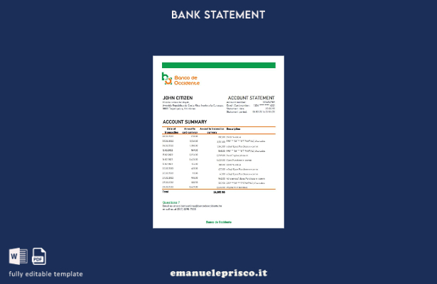 modello Excel di estratto conto bancario del Banco de Occidente in stile verific